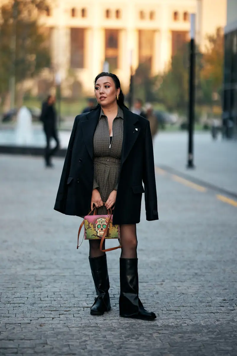 Houndstooth Mini Dress and Blazer with Wide-Leg Boots Houndstooth Mini Dress and Blazer with Wide-Leg Boots — Black Boots Outfits