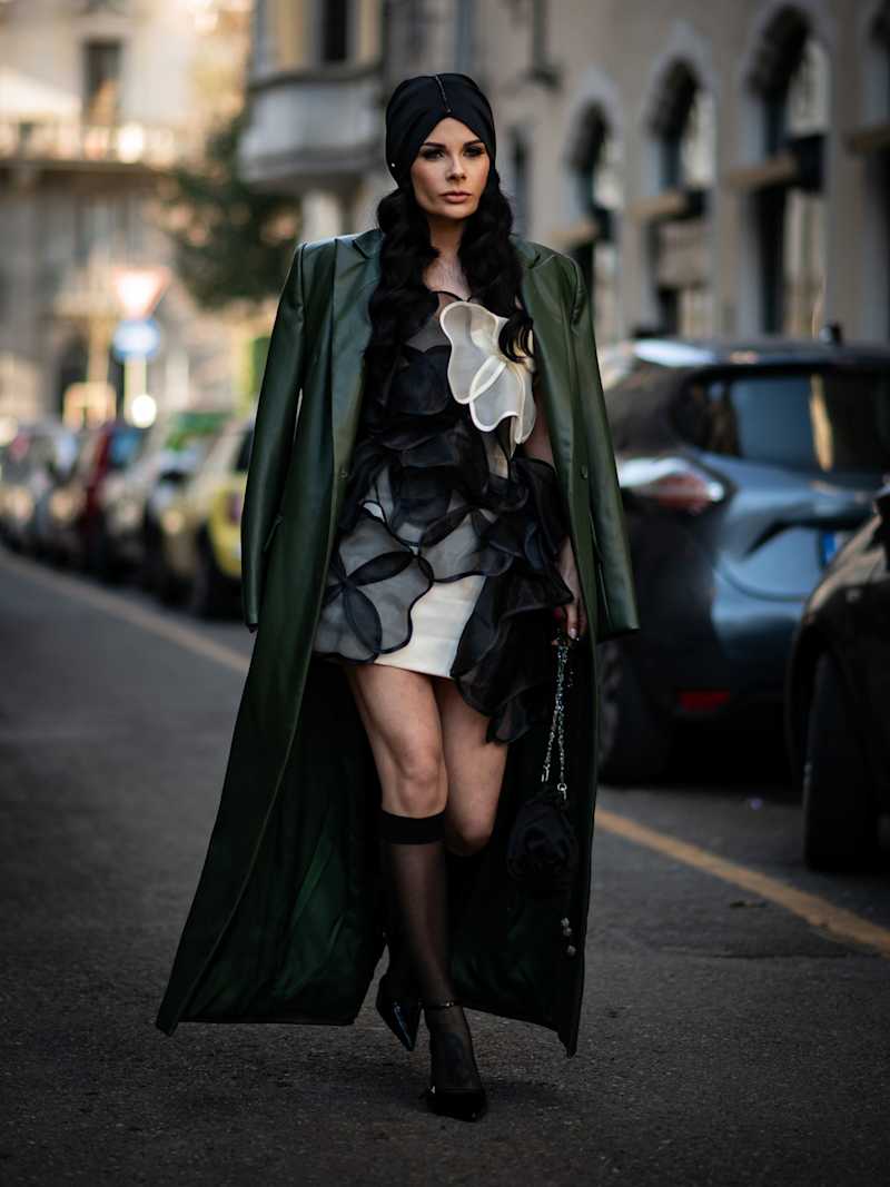 Dark Green Leather Trench Coat with Ruffled Dress and Turban Dark Green Leather Trench Coat with Ruffled Dress and Turban — Italy Winter Outfits