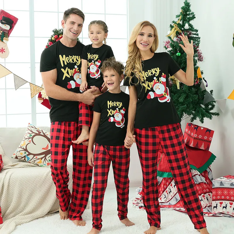 Santa Graphic Tees and Plaid Pants for a Casual Christmas Photo — Winter Family Photo Outfits