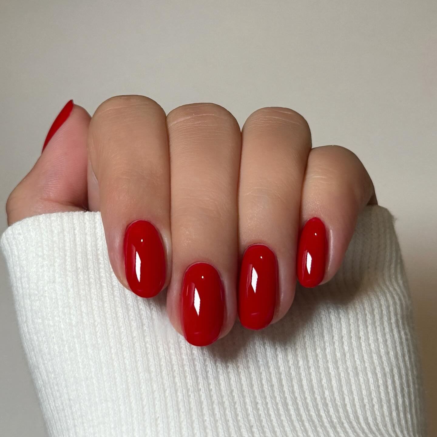 Deep Glossy Red with Gold Ring — Winter Round Nails