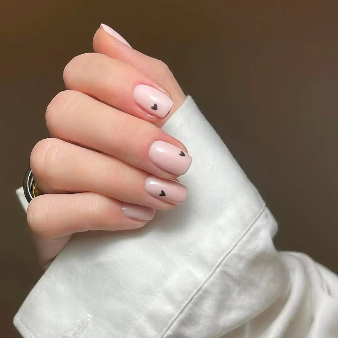 Pale Pink Short Nails with Tiny Black Hearts — Simple Winter Nails