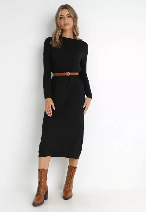 Classic Black Knit Midi Dress with Brown Leather Belt Classic Black Knit Midi Dress with Brown Leather Belt — Sweater Dress Outfits