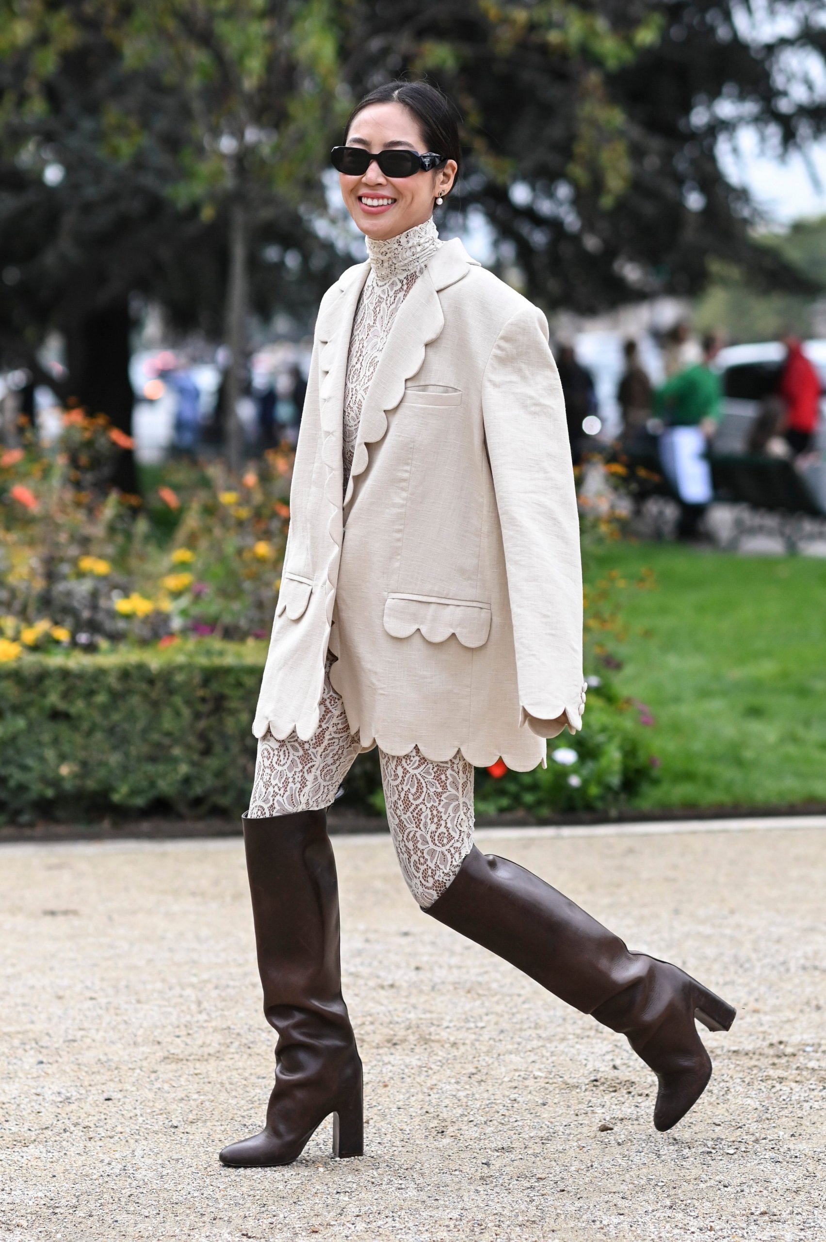 Chic Event Wear: Lace Leggings, Blazer, and Dark Brown Boots Over the Knee Boots Outfits