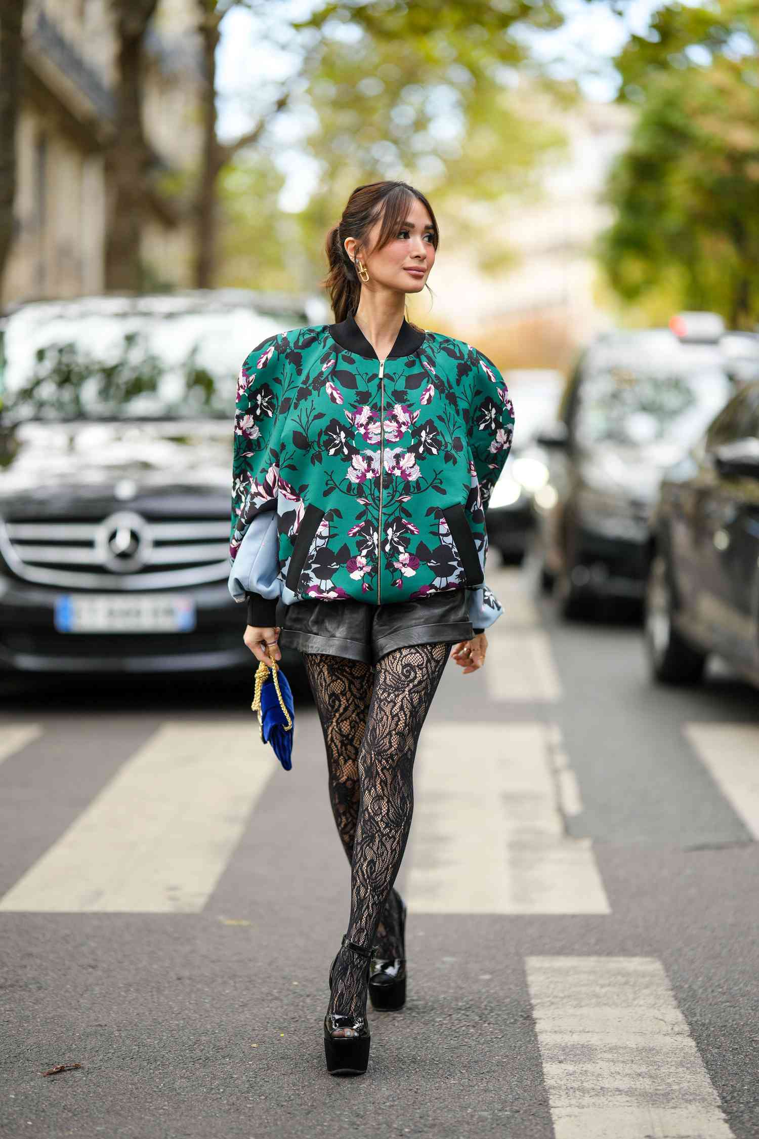 Bold Evening Look with Black Lace Tights and Floral Bomber Bold Evening Look with Black Lace Tights and Floral Bomber — Tights Outfits