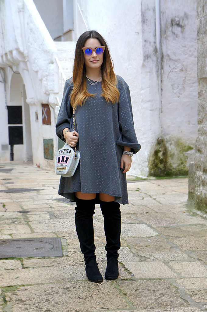 Casual Chic: Grey Mini Dress and Black Suede Boots Casual Chic: Grey Mini Dress and Black Suede Boots — Over the Knee Boots Outfits