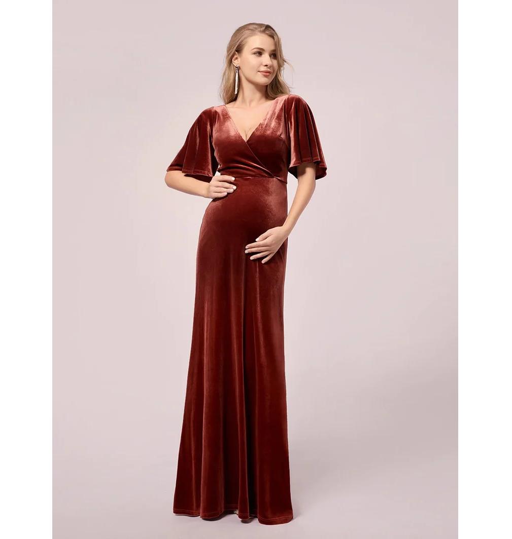 Burnt Orange Velvet Maxi Dress with Flutter Sleeves Burnt Orange Velvet Maxi Dress with Flutter Sleeves — Winter Maternity Outfits