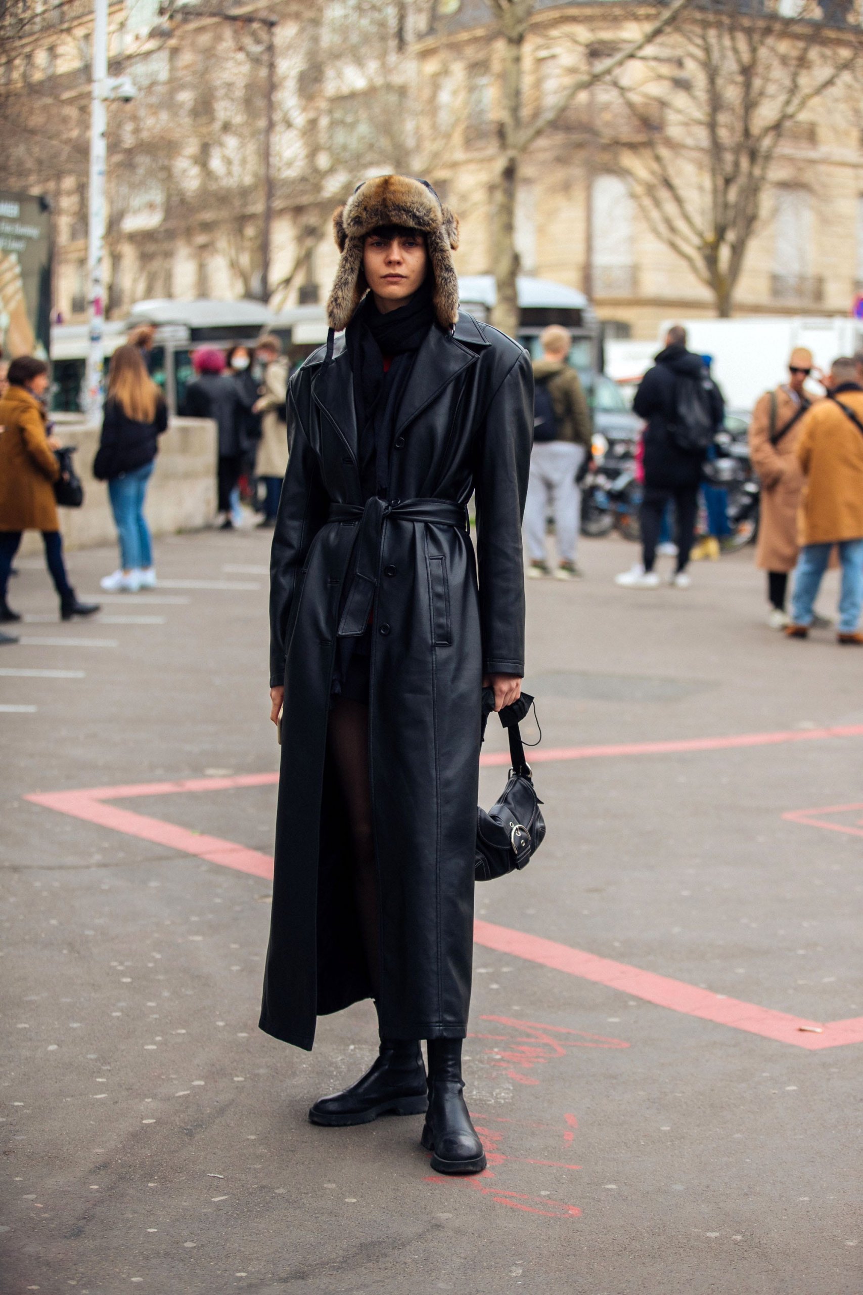 Monochromatic Black Leather Long Coat Outfit — Long Coat Outfits