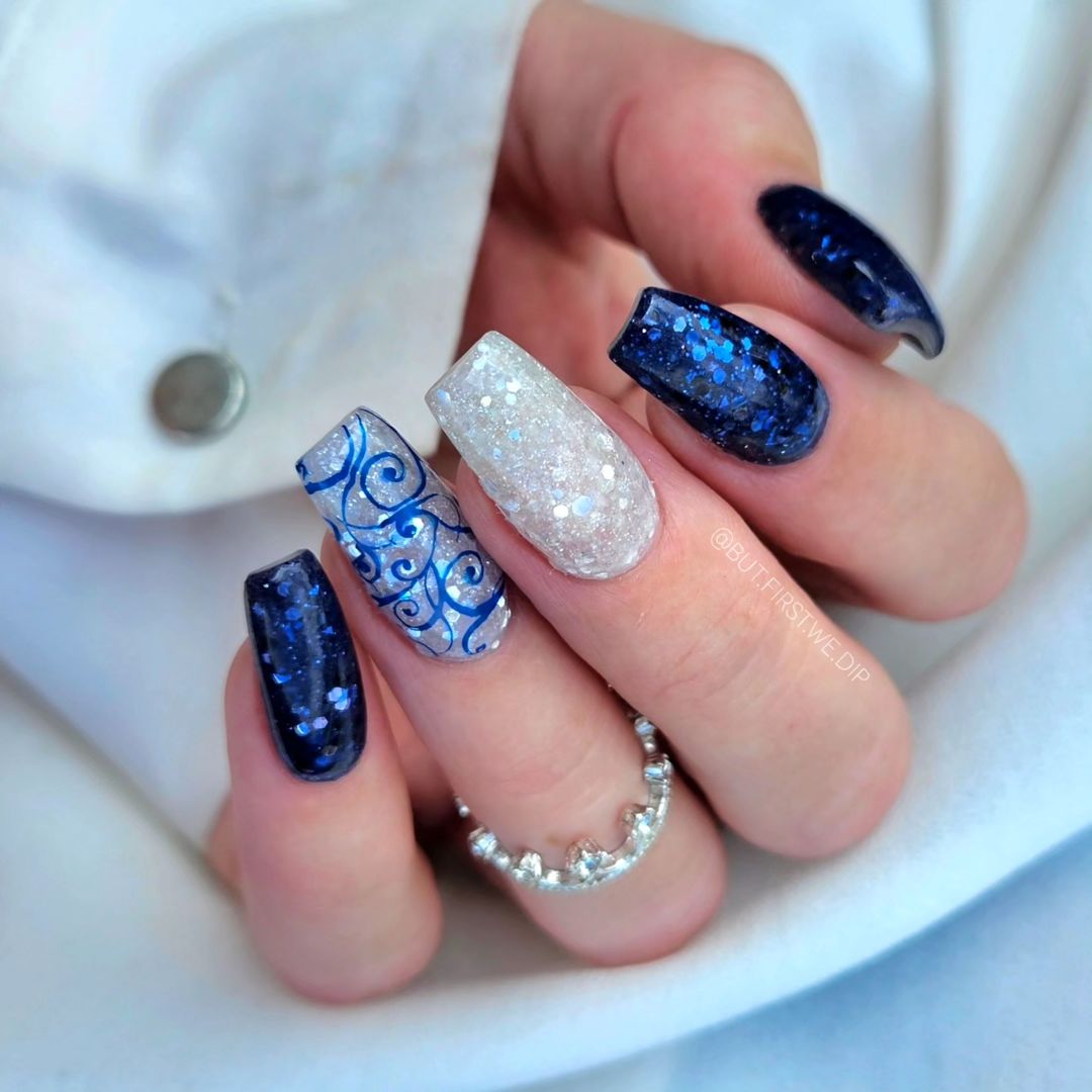 Navy Blue with Silver Swirls and Glitter Navy Blue with Silver Swirls and Glitter — Winter Nail Art