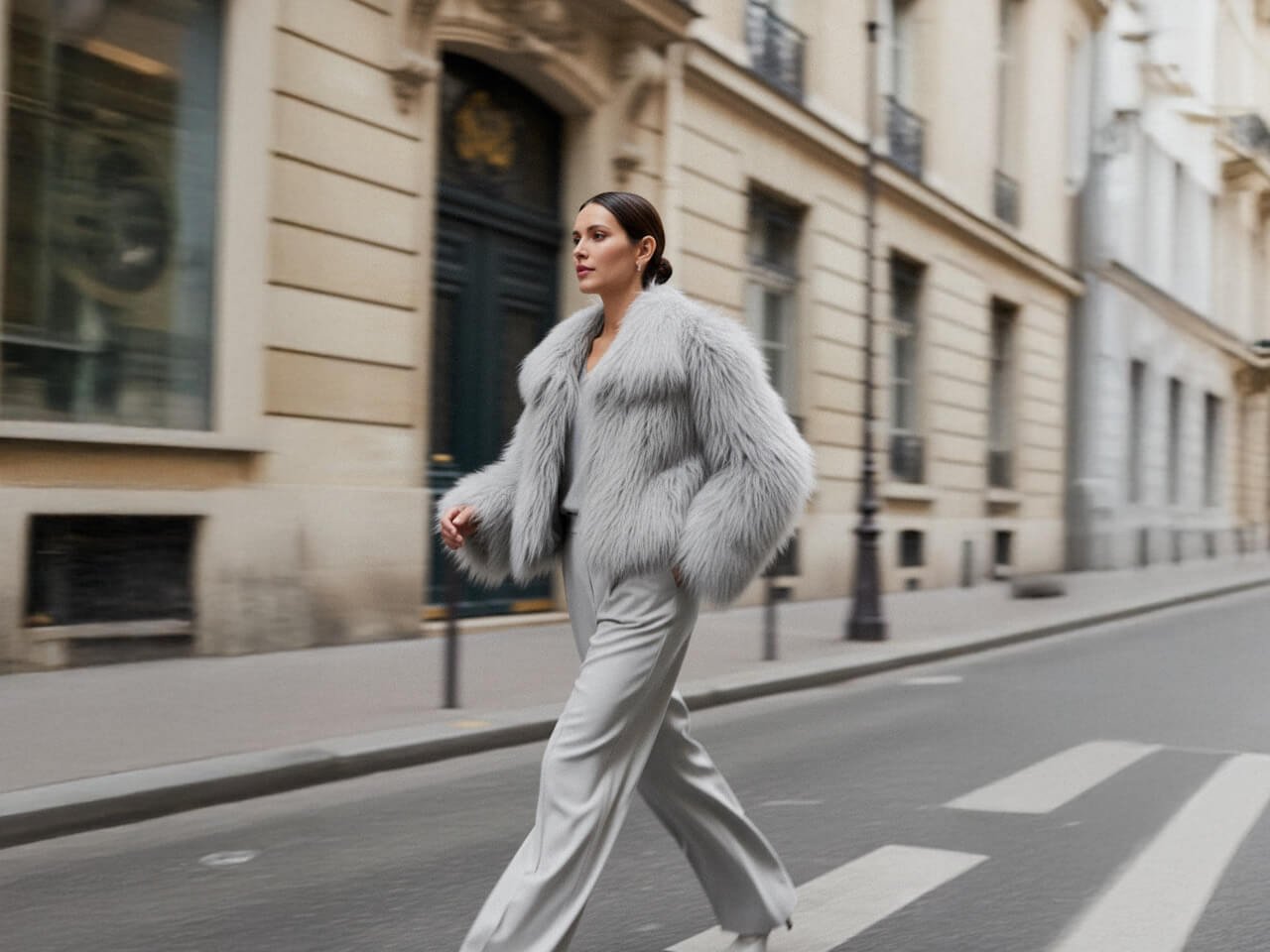 Voluminous Grey Coat with Silk Blouse and Wide-Leg Pants Voluminous Grey Coat with Silk Blouse and Wide-Leg Pants — Faux Fur Coat Outfits