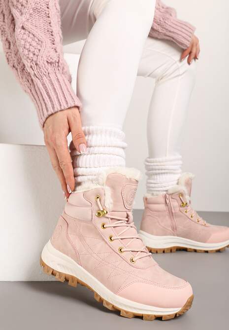 Pink Suede Hiking Boots and Knit Sweater Pink Suede Hiking Boots and Knit Sweater — Winter Hiking Outfits
