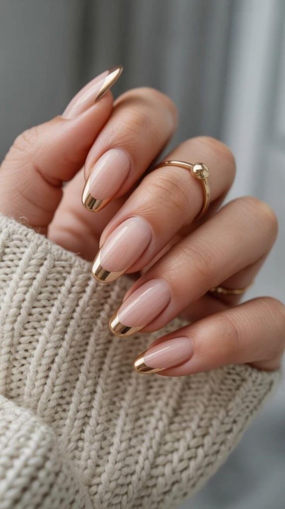 Sheer Pink with Gold French Tips Almond Nails — Winter Almond Nails