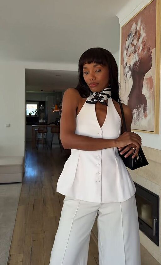 Chic White Ensemble with a Black and White Patterned Scarf Chic White Ensemble with a Black and White Patterned Scarf — Scarf Outfits