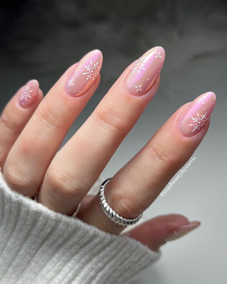 Pale Pink Shimmer with Snowflake Decals Pale Pink Shimmer with Snowflake Decals — Pastel Winter Nails