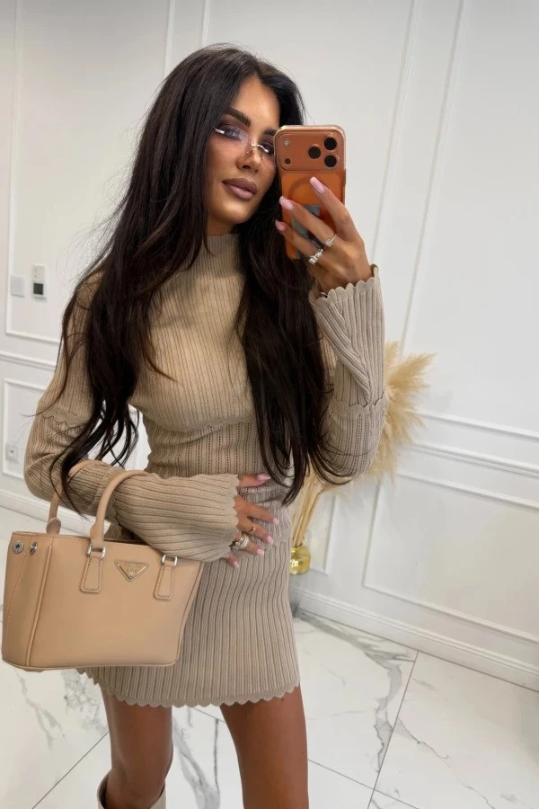Beige Ribbed Sweater Dress with Scalloped Hem Detail Beige Ribbed Sweater Dress with Scalloped Hem Detail — Sweater Dress Outfits
