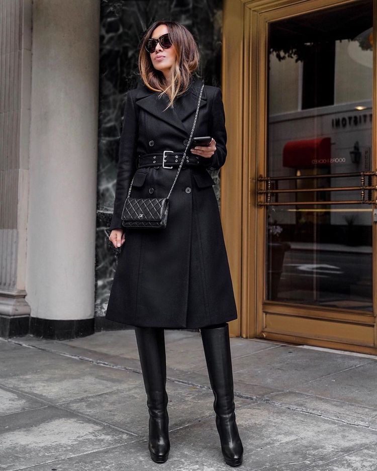 Belted Black Double-Breasted Coat with Knee-High Boots — Black Coat Outfits