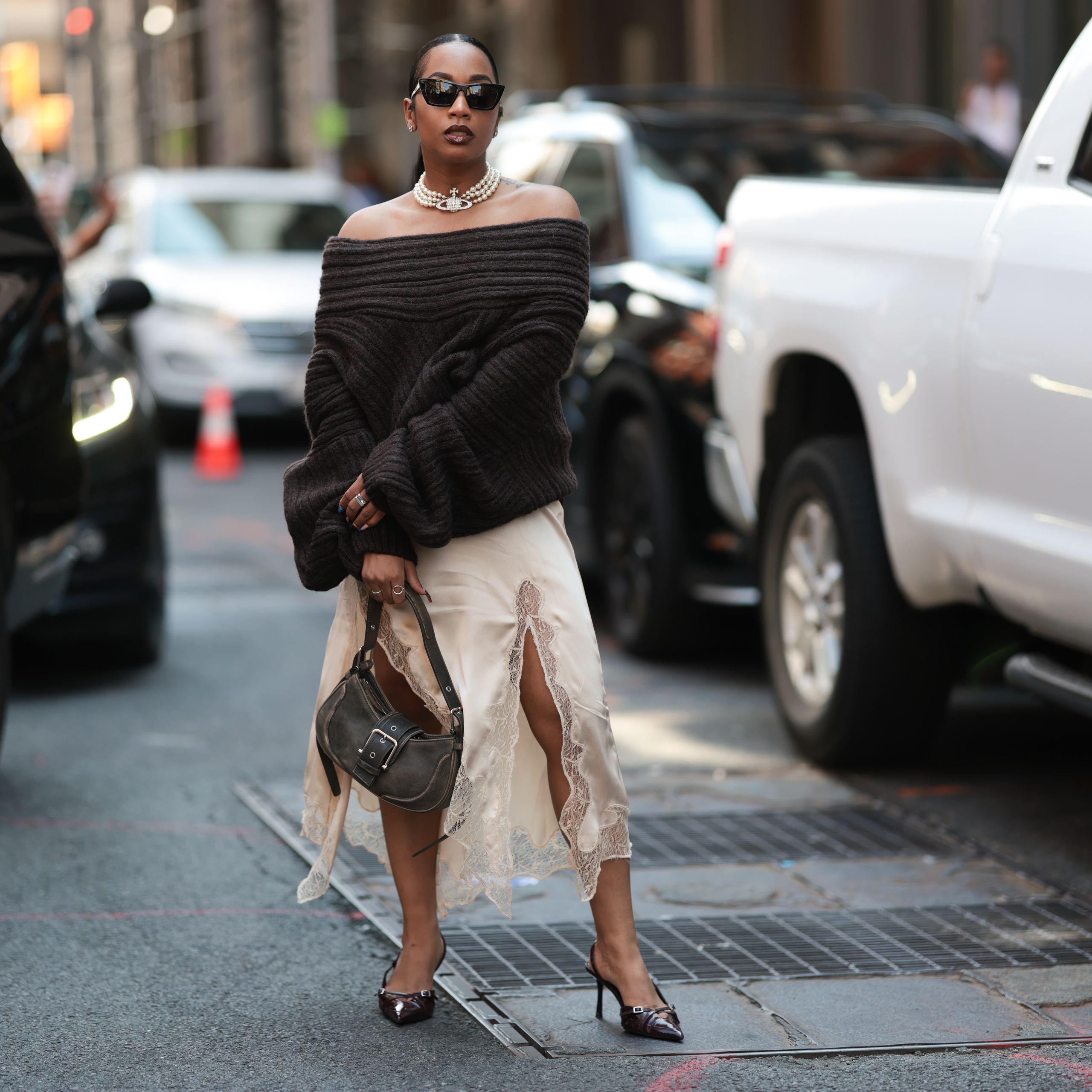 Dark Brown Off-the-Shoulder Sweater with a Satin Slip Dress Dark Brown Off-the-Shoulder Sweater with a Satin Slip Dress — Oversized Sweater Outfits