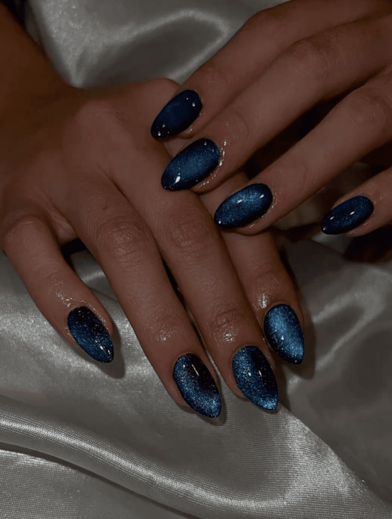 Deep Blue Glossy Cat Eye Almonds — Winter Cat Eye Nails