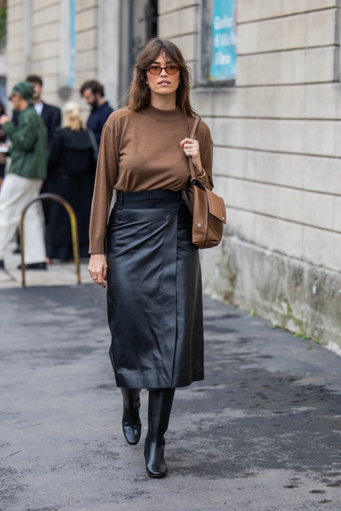 Black Leather Wrap Skirt with Brown Mock-Neck Top and Knee-High Boots Black Leather Wrap Skirt with Brown Mock-Neck Top and Knee-High Boots — Leather Skirt Outfits
