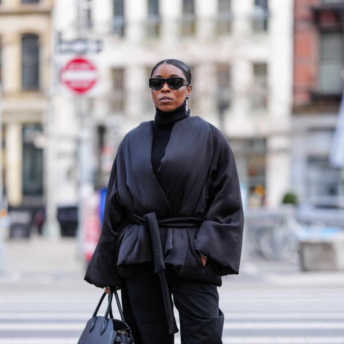 Monochromatic Black: Padded Wrap Jacket for a Chic Finish Monochromatic Black: Padded Wrap Jacket for a Chic Finish — Dressy Winter Outfits
