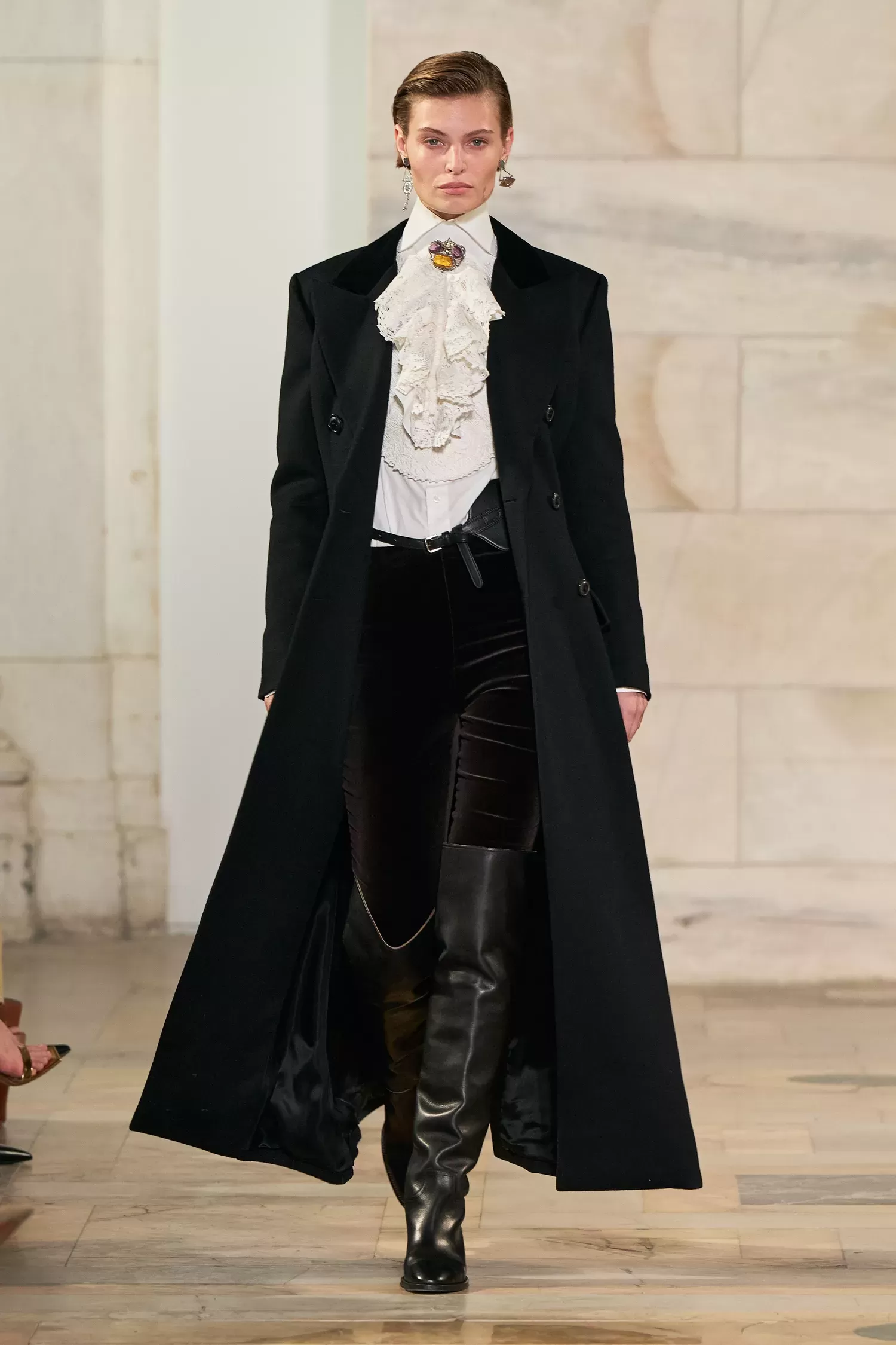 Runway Ready: Wool Coat, Lace Blouse, and Block Heel Boots Runway Ready: Wool Coat, Lace Blouse, and Block Heel Boots — Knee High Boots Outfits