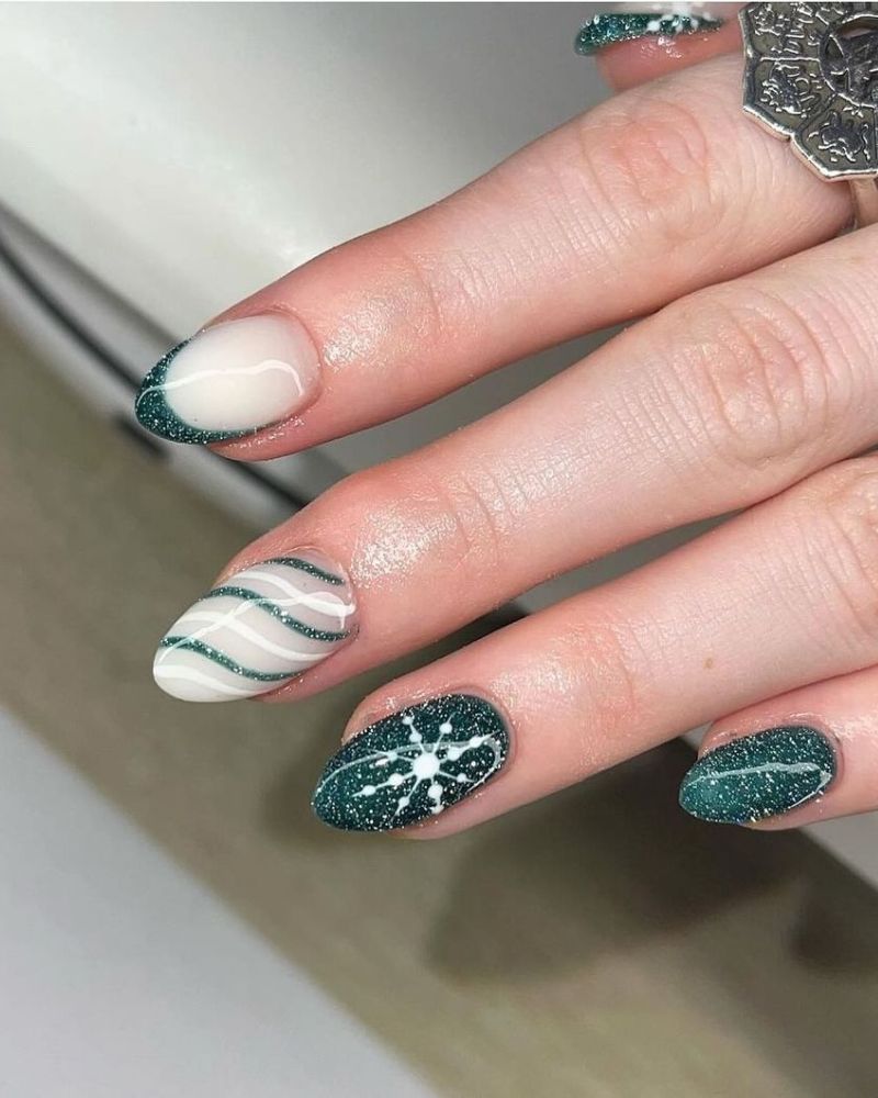 Teal Green Glitter Snowflake Stiletto Teal Green Glitter Snowflake Stiletto — Winter Green Nails