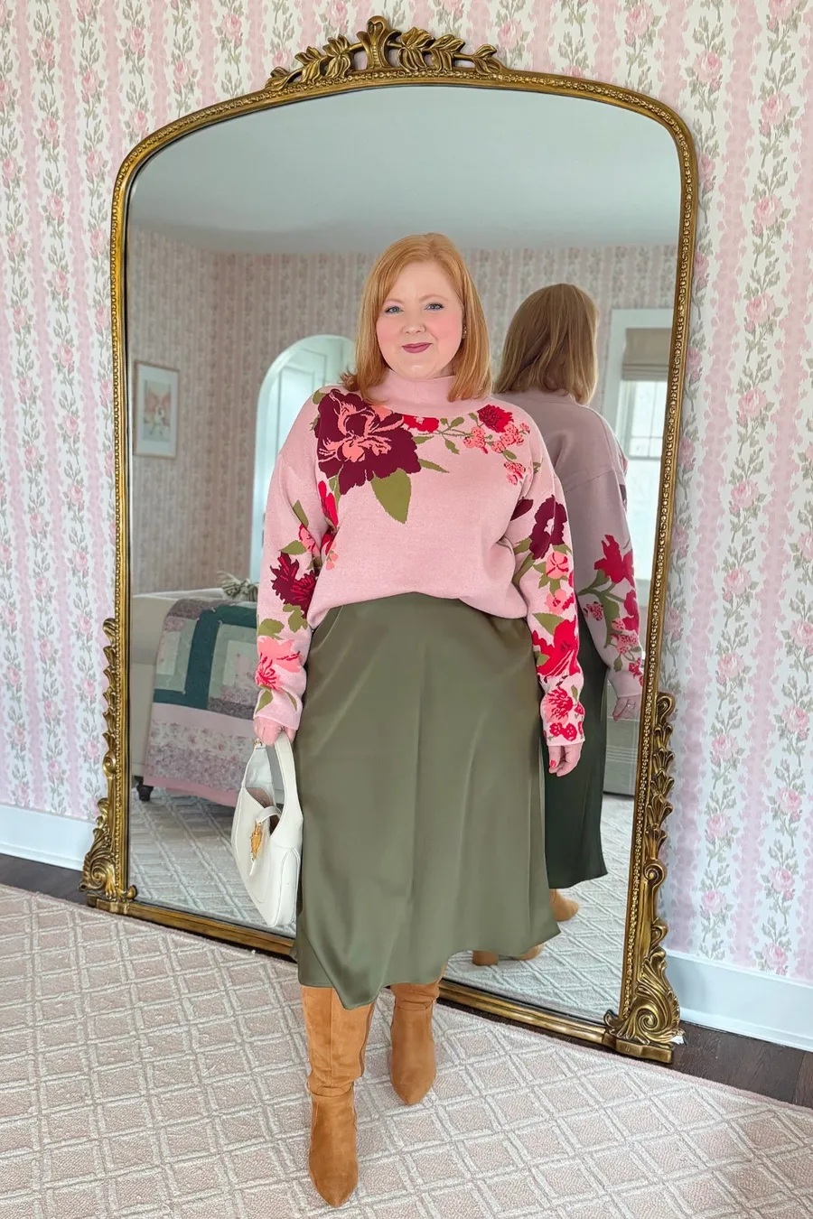Pink Floral Print Sweater with Olive Green Satin Skirt Pink Floral Print Sweater with Olive Green Satin Skirt — Winter Outfits for Moms