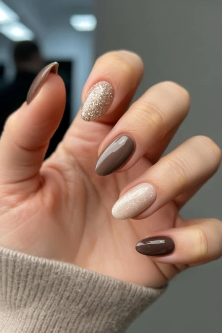 Brown and Beige with Gold Glitter Accent Brown and Beige with Gold Glitter Accent — Winter Nail Art