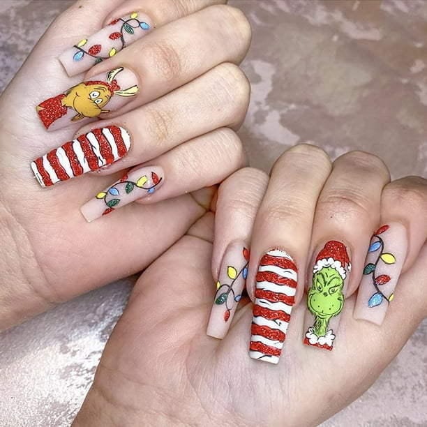 Uñas postizas navideñas, uñas postizas largas de ataúd, uñas postizas rojas de cubierta completa con diseño Grinch, uñas postizas de invierno, uñas acrílicas artificiales navideñas, suministros de dec | Walmart en línea