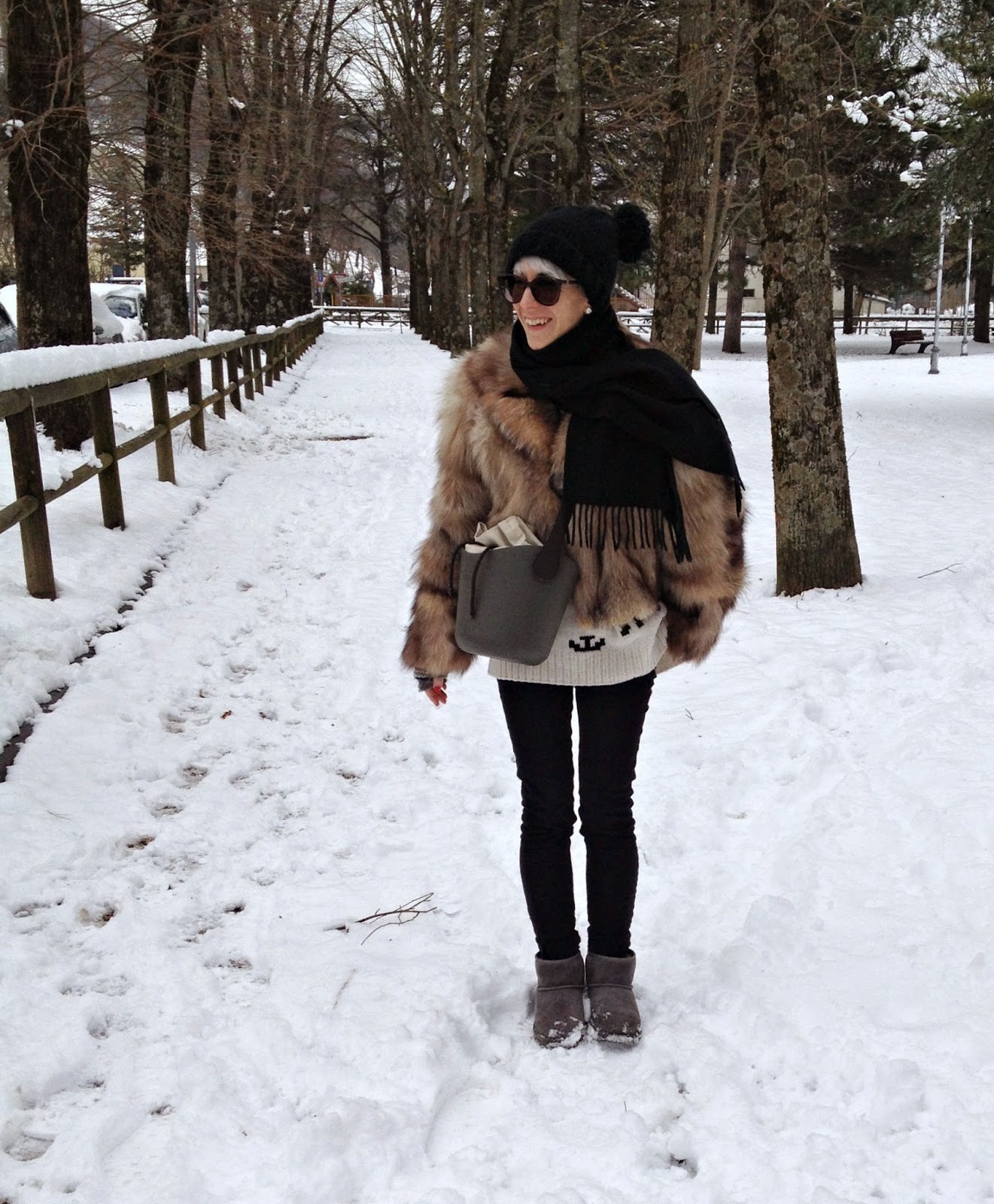 Voluminous Faux Fur Coat and Fitted Trousers for a Cozy Snow Day — Snow Day Outfits