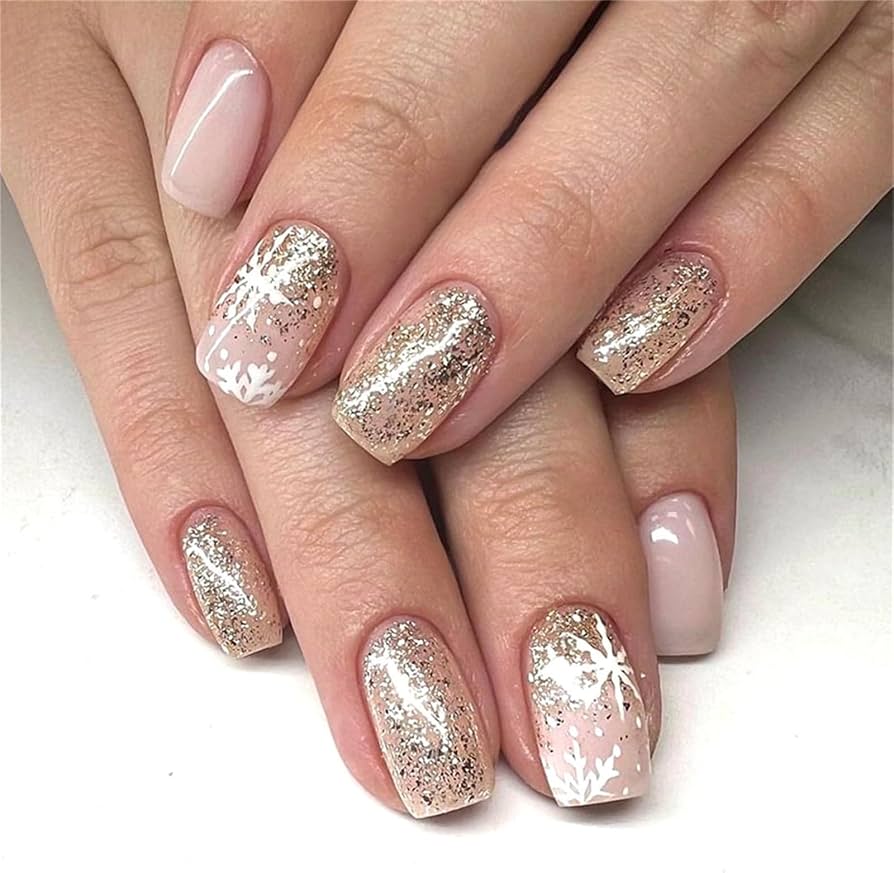 Short Square Nude with Snowflakes and Gold Glitter — Winter Square Nails
