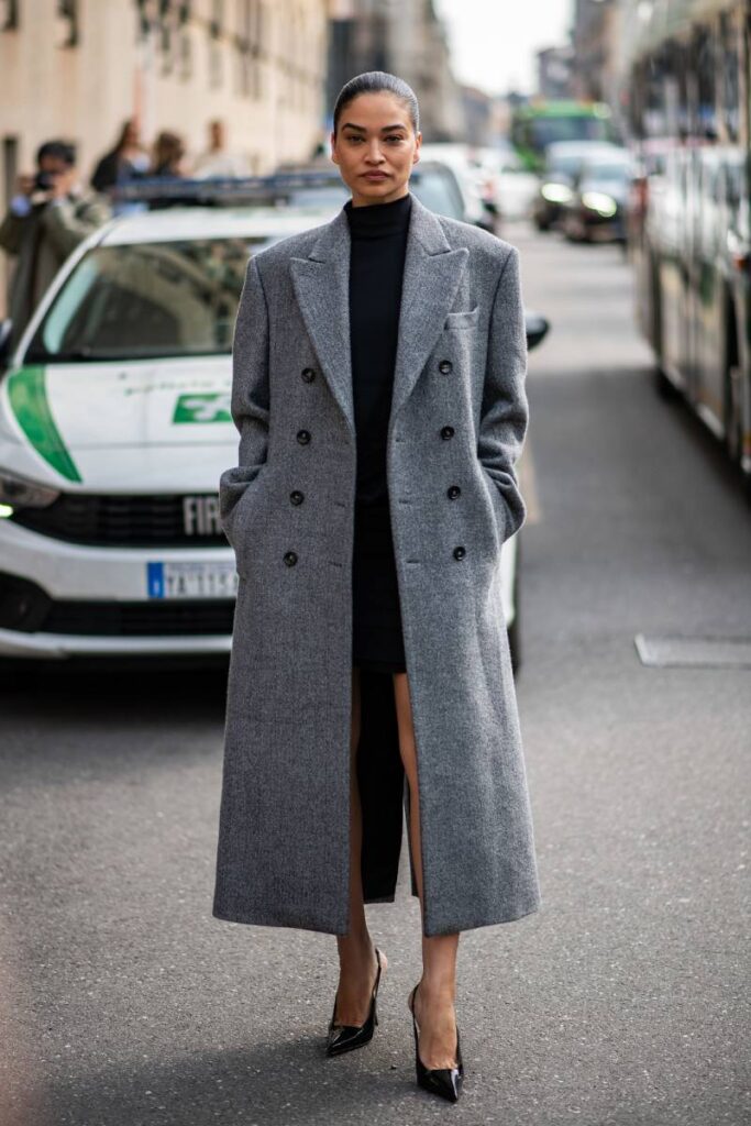 Oversized Grey Double-Breasted Coat Over Black Turtleneck and Mini Dress — Long Coat Outfits