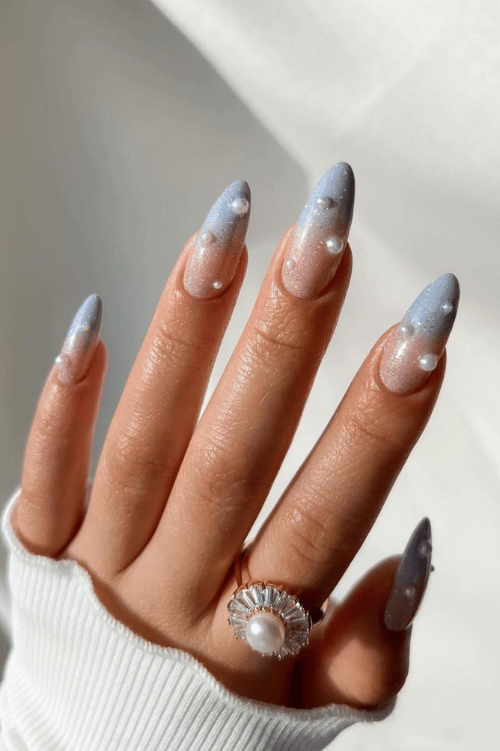 Dark Green to Sheer White Glossy Ombre — Winter Ombre Nails