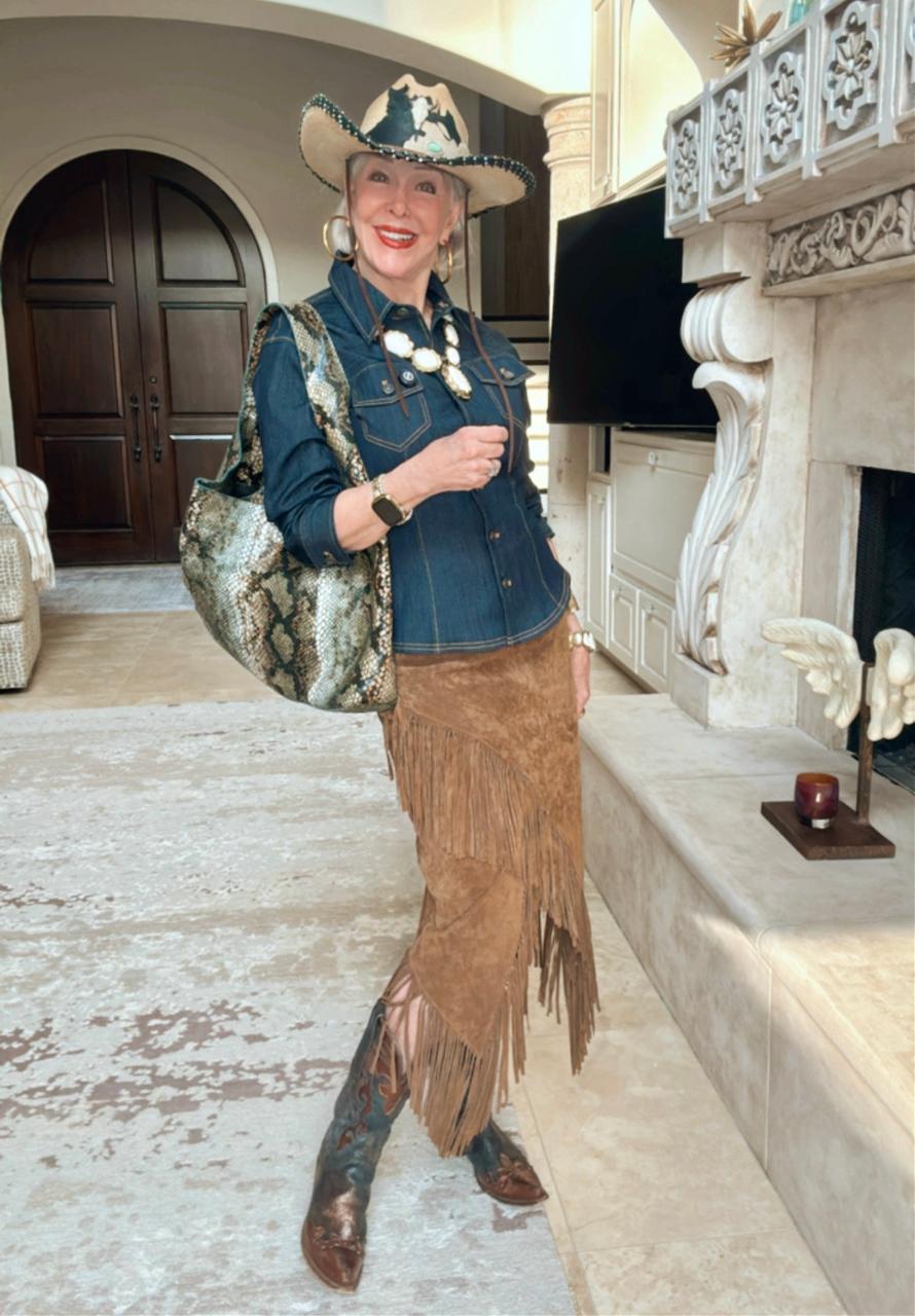 Suede Fringe Skirt with Denim Shirt for Western Charm — Western Winter Outfits