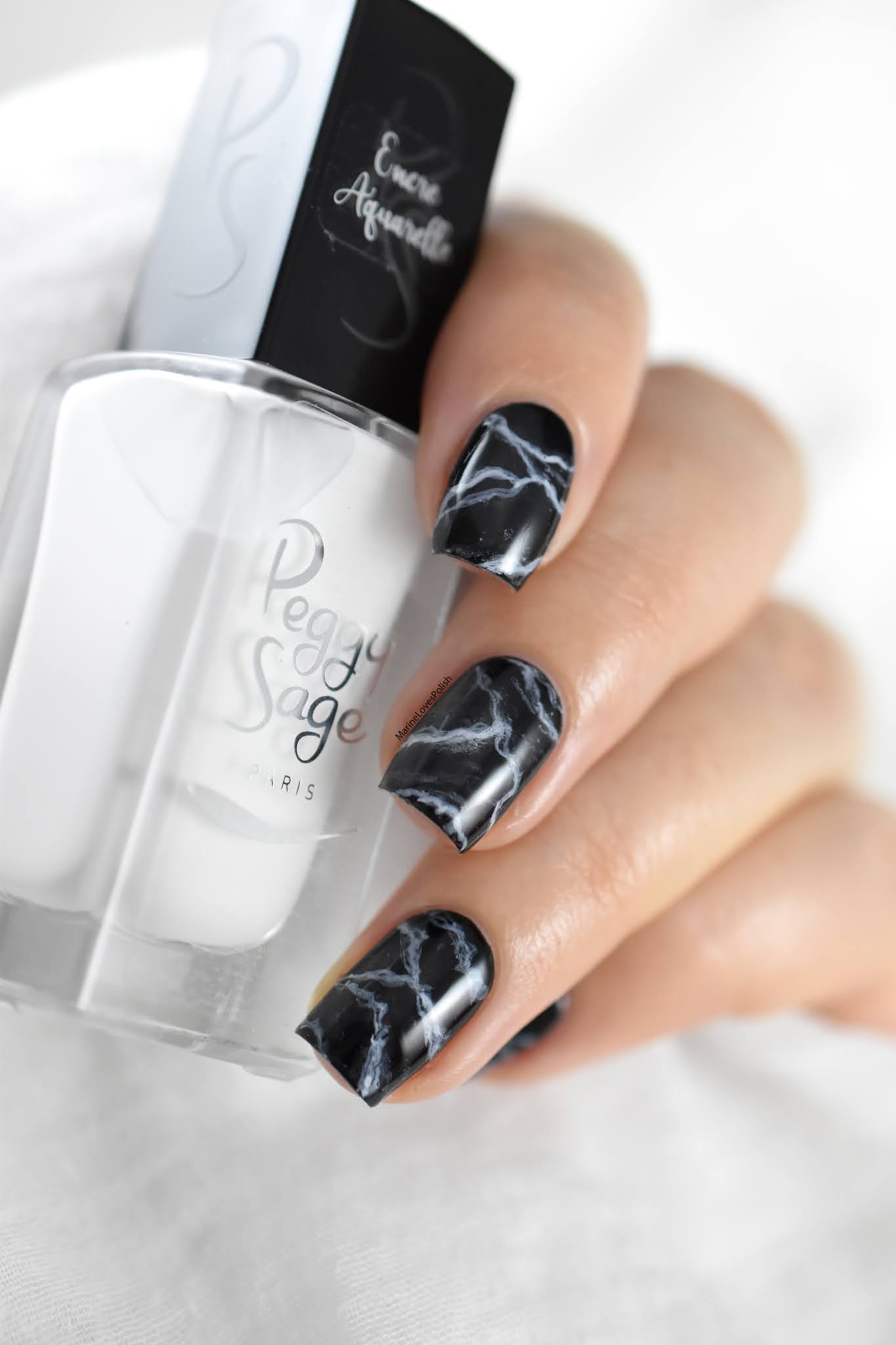 Glossy Black White Marble Nails — Winter Marble Nails