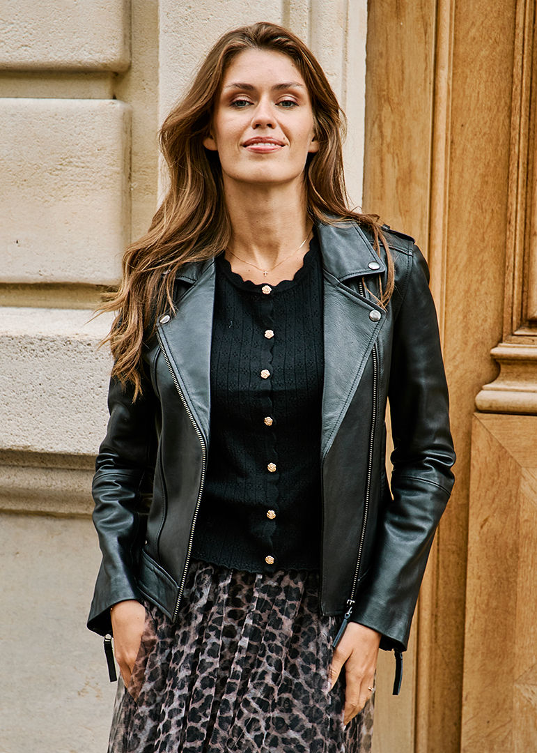 Fitted Leather Biker Jacket with Leopard Print Skirt Fitted Leather Biker Jacket with Leopard Print Skirt — Winter Outfits for Warm Weather