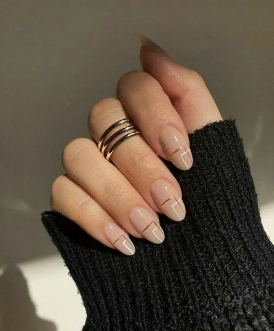 Thin Gold Lines On Tips And Diagonally Visual Idea — Winter Nude Nails