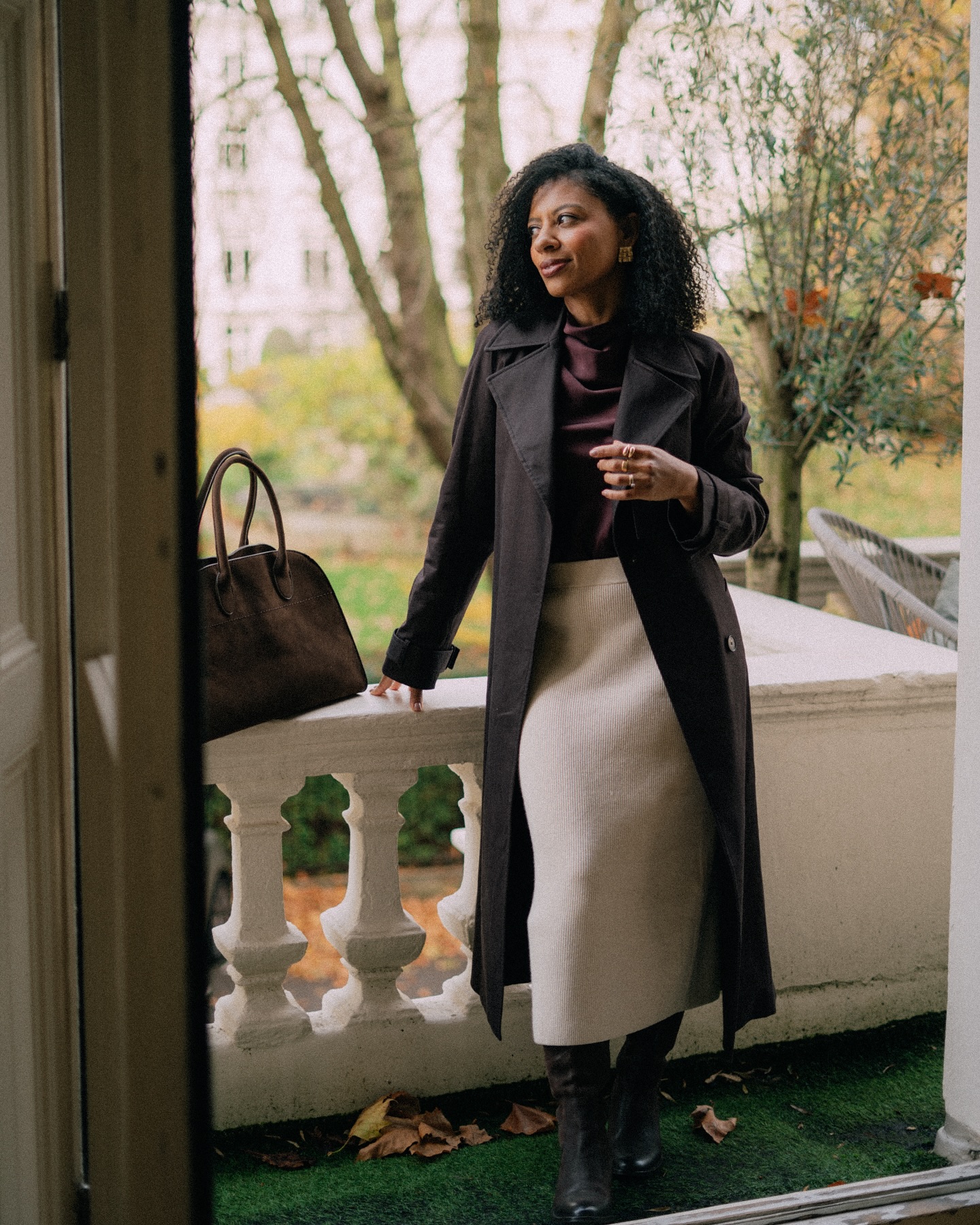 Trench Coat Sophistication: Burgundy Satin Blouse with Midi Skirt Trench Coat Sophistication: Burgundy Satin Blouse with Midi Skirt — Dressy Winter Outfits