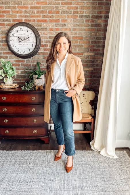 Camel Blazer with White Shirt and Jeans — Camel Coat Outfits