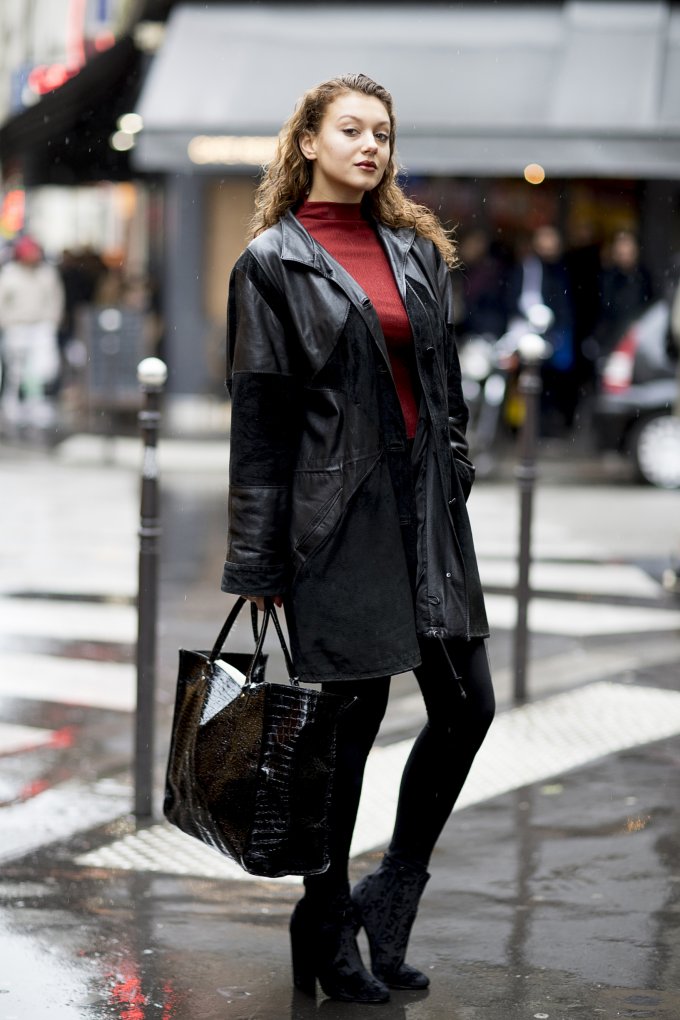 Red Turtleneck Under Black Leather Coat Red Turtleneck Under Black Leather Coat — Turtleneck Outfits