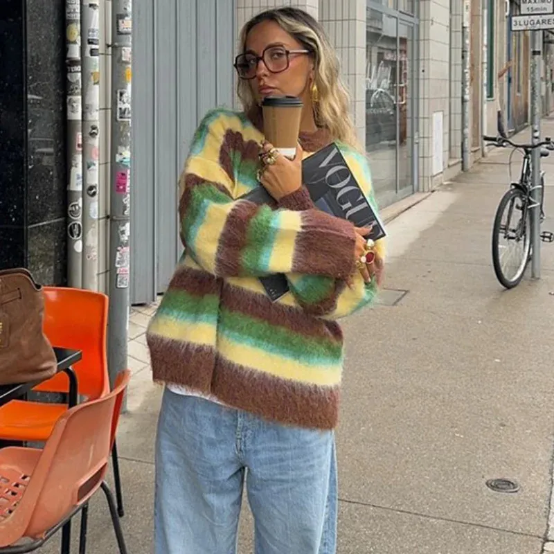 Vibrant Striped Knit and Wide-Leg Jeans Vibrant Striped Knit and Wide-Leg Jeans — Colorful Winter Outfits