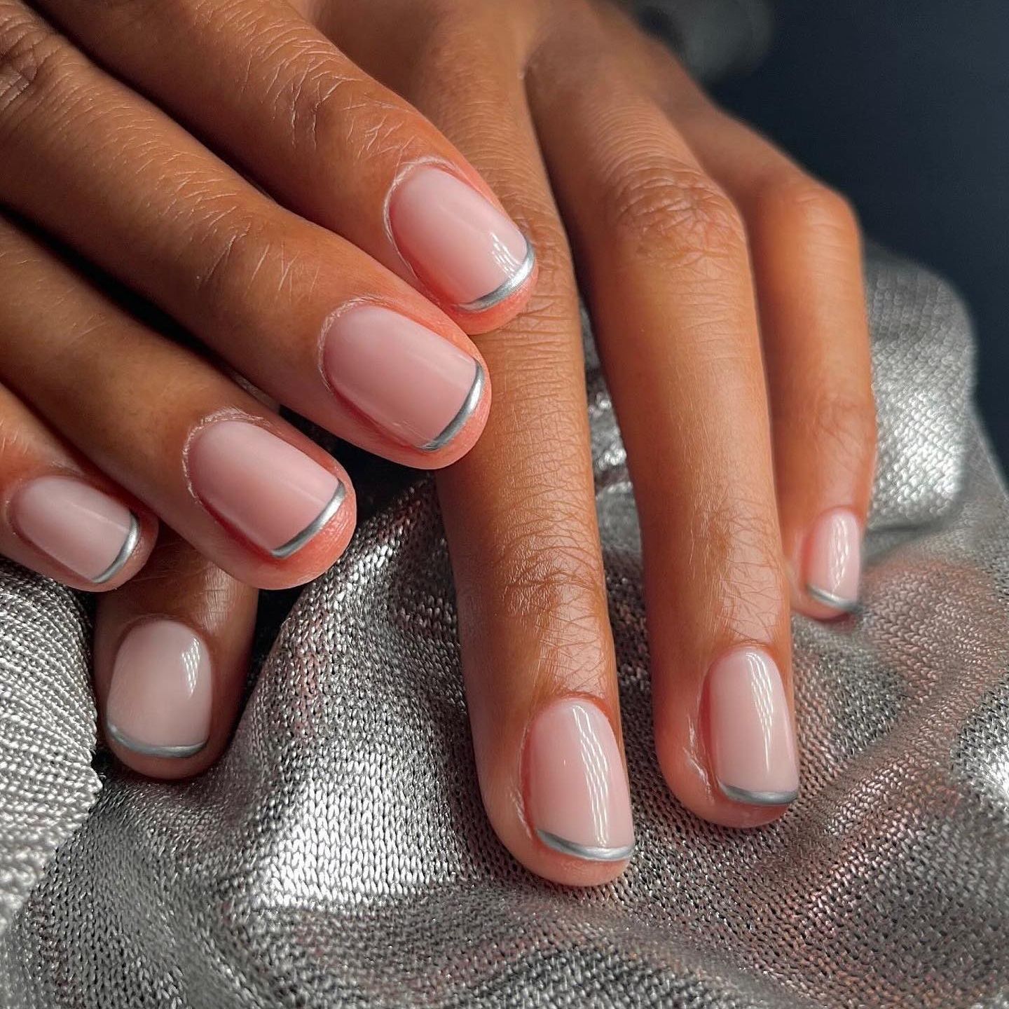 Short Square with Metallic Silver Line Tips — Winter French Tip Nails