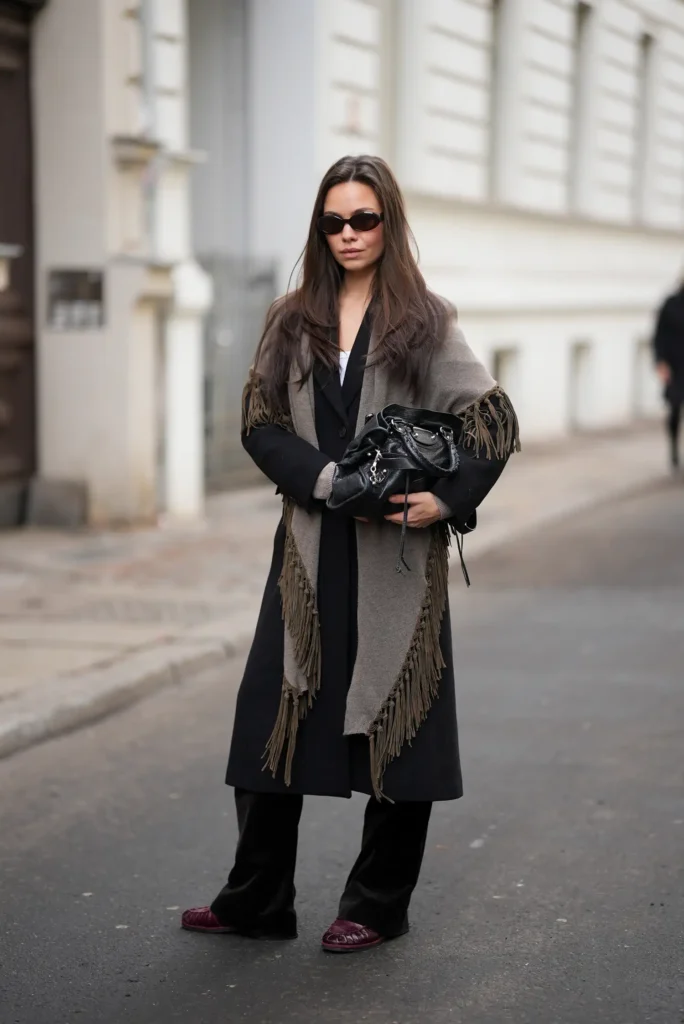 Sophisticated Black Ensemble with a Fringed Scarf Sophisticated Black Ensemble with a Fringed Scarf — Scarf Outfits