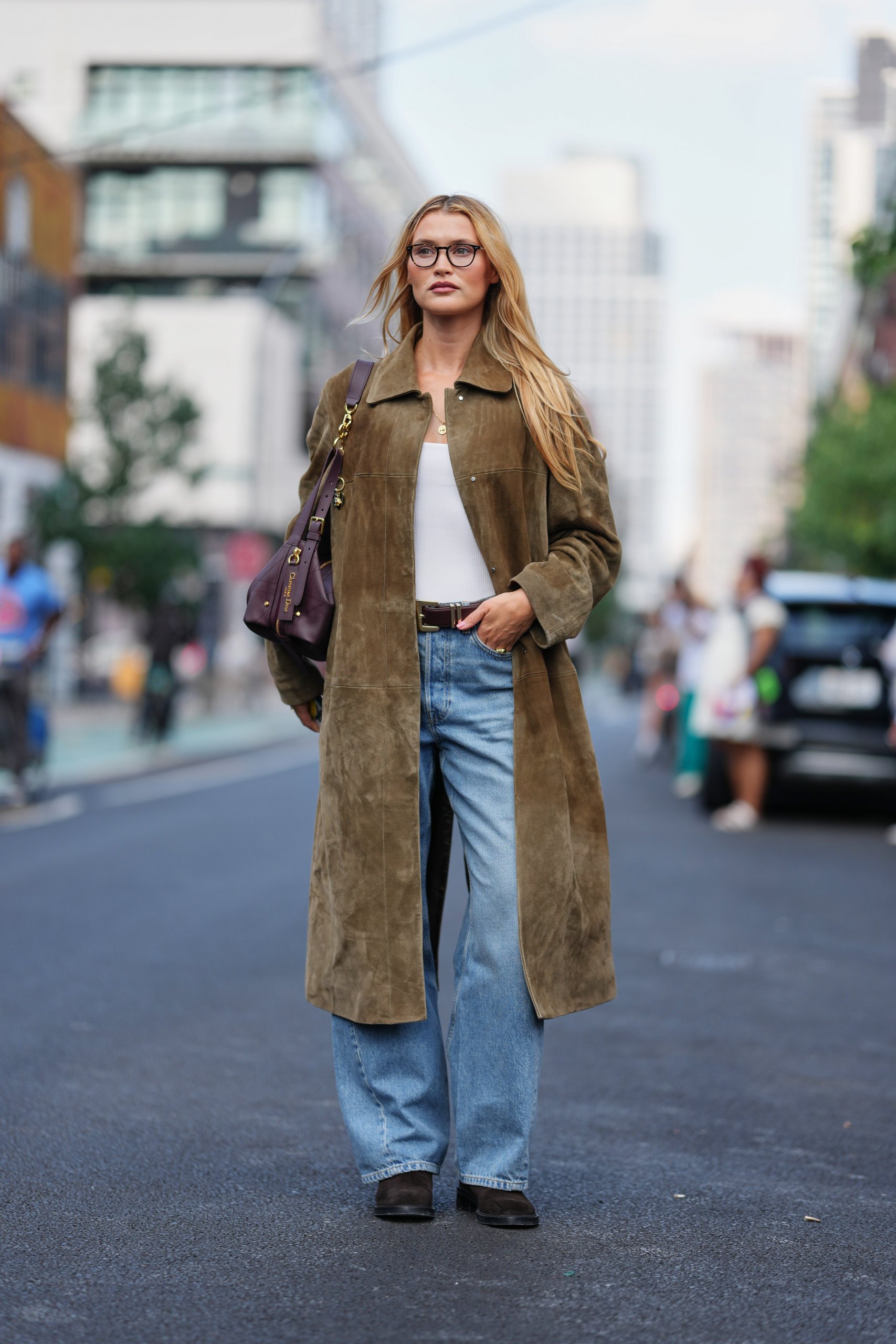 Olive Green Suede Long Coat with Wide-Leg Jeans — Long Coat Outfits