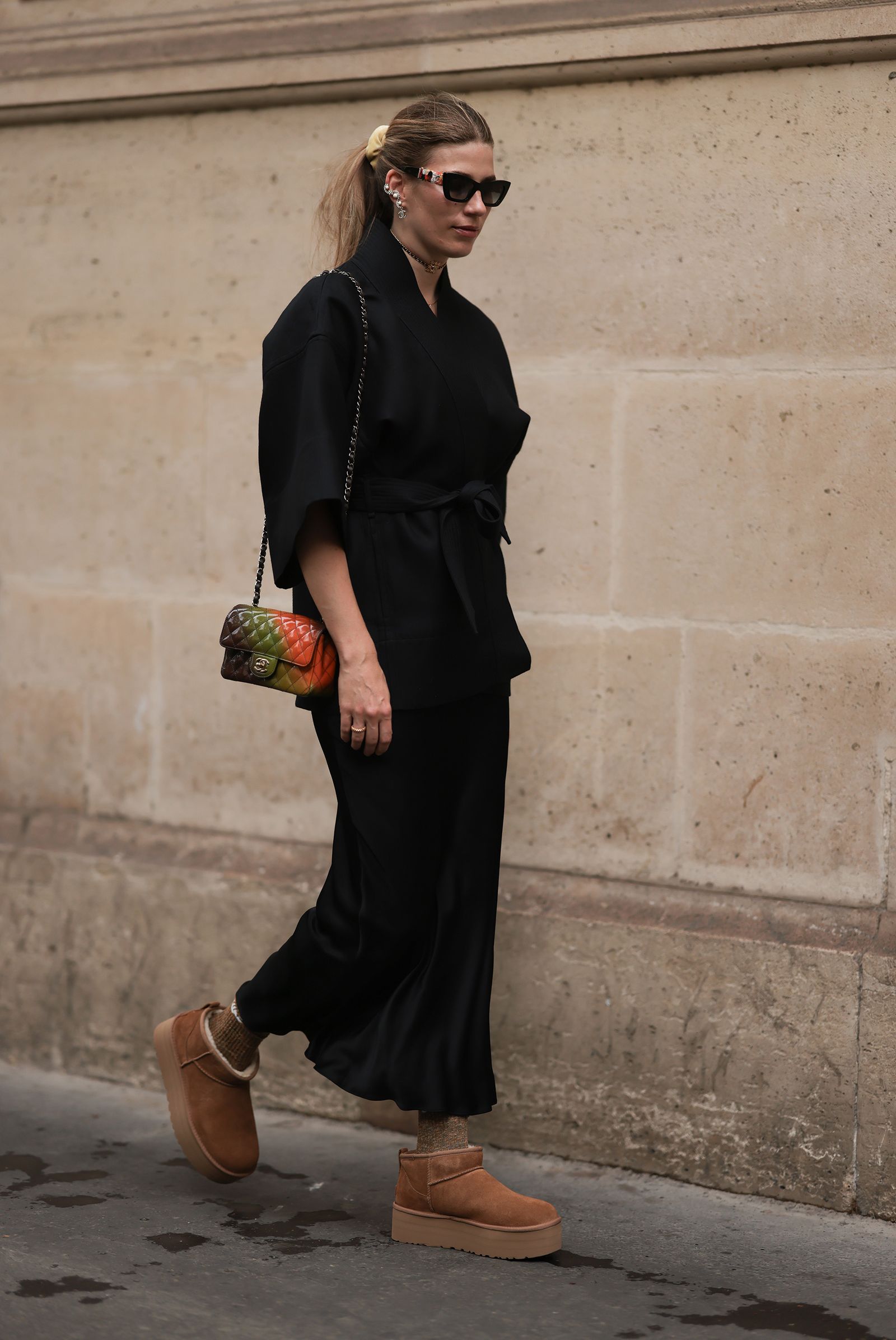 Black Satin Pants and Wrap Top with Brown Platform Uggs Black Satin Pants and Wrap Top with Brown Platform Uggs — Ugg Boots Outfits