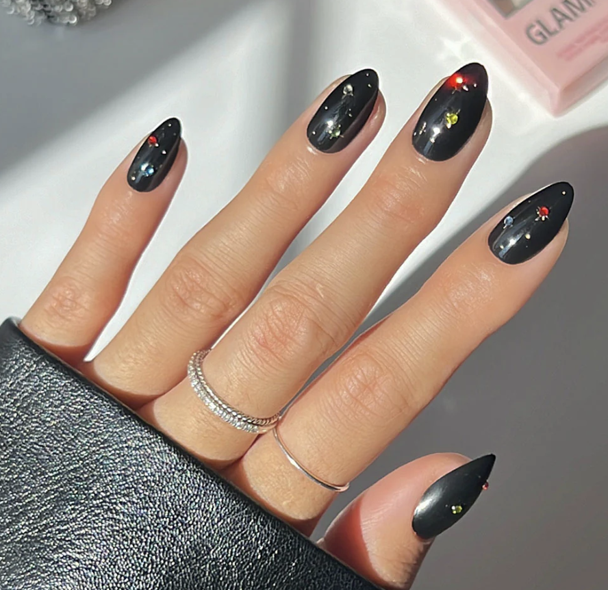 Matte Black Leopard Accent Nails — Winter Black Nails