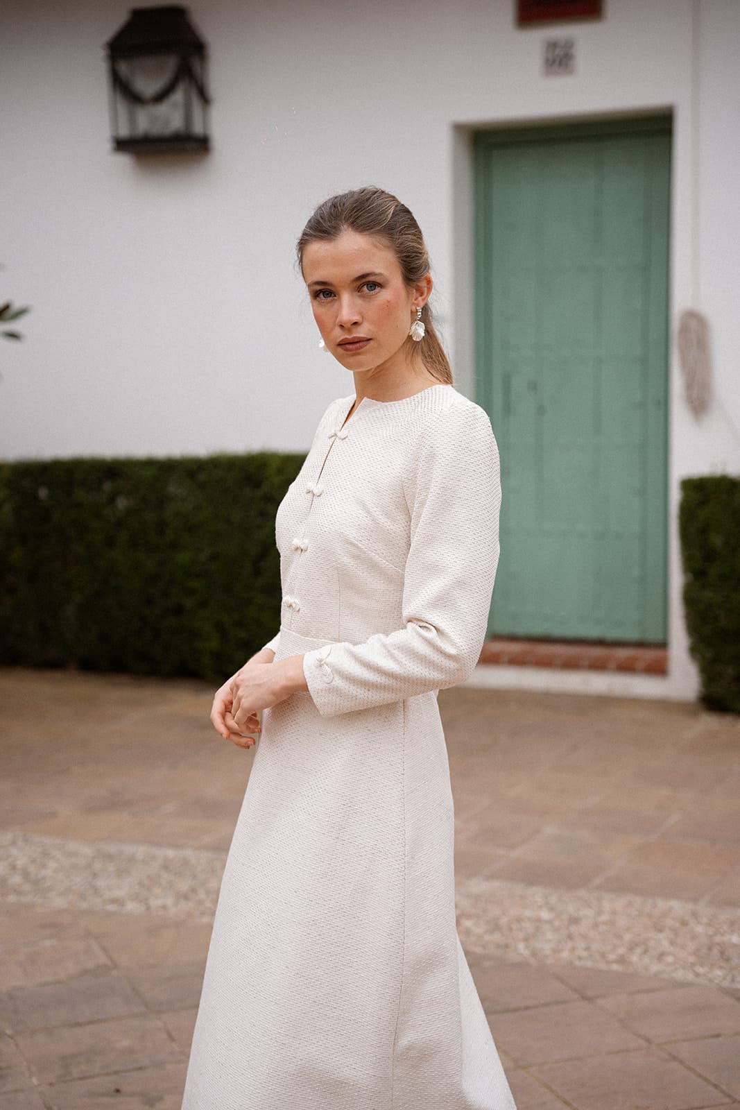 Ivory Textured Weave Dress with Mandarin Collar — Winter Dress Outfits