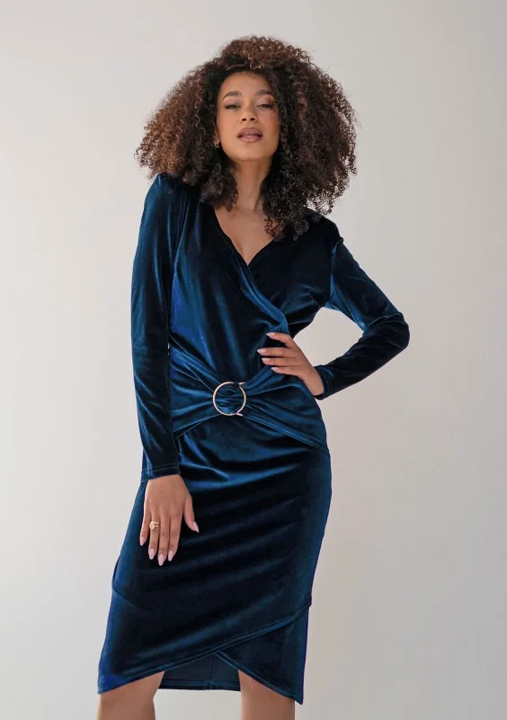 Deep Teal Velvet Wrap Midi Dress with Gold Ring Detail Deep Teal Velvet Wrap Midi Dress with Gold Ring Detail — Winter Formal Dresses
