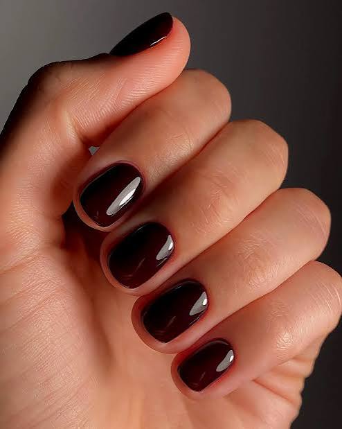 Glossy Dark Brown Short Oval Nails — Classy Winter Nails