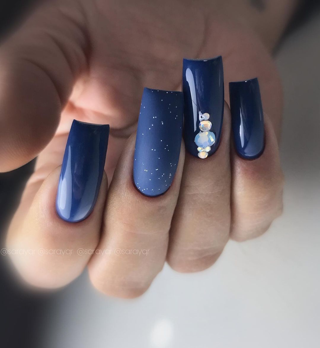 Matte Blue with Snow Dots and Rhinestones Short Square Matte Blue with Snow Dots and Rhinestones Short Square — Winter Acrylic Nail Colors