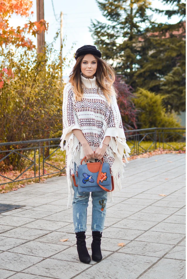 Fringed Knit Poncho with Geometric Patterns Fringed Knit Poncho with Geometric Patterns — Winter Outfits for Warm Weather